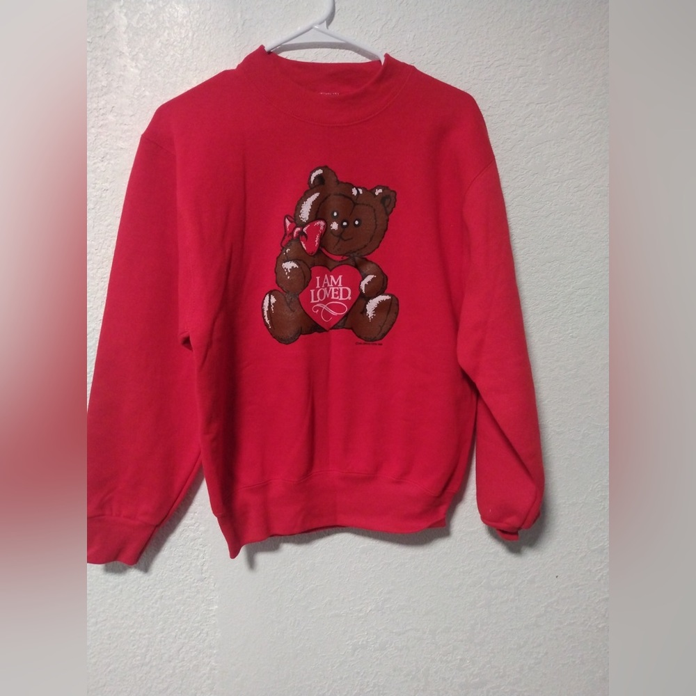 Fruit of the Loom Vintage I am Loved Bear Crewneck Sweatshirt Red Size S